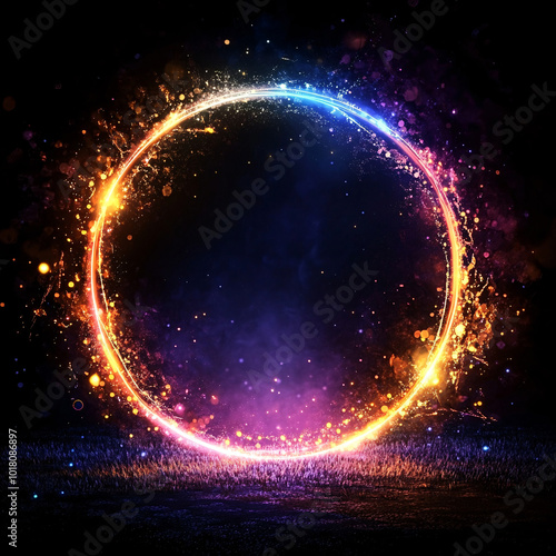 Neon circle on a dark background, glowing circle, Set of glowing frame designs in blue, pink, yellow, abstract mandala bright colored circle background. Collection of glowing neon lights on a dark bac photo