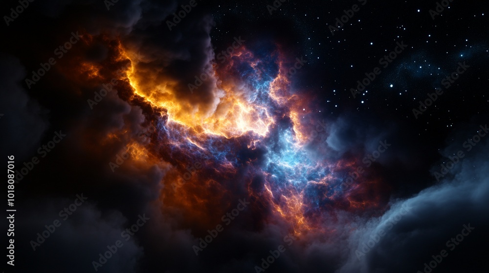 A vibrant, swirling nebula with hues of orange, blue, and white against a dark starry sky. A vibrant, swirling nebula with hues of orange, blue, and white against a dark starry sky.