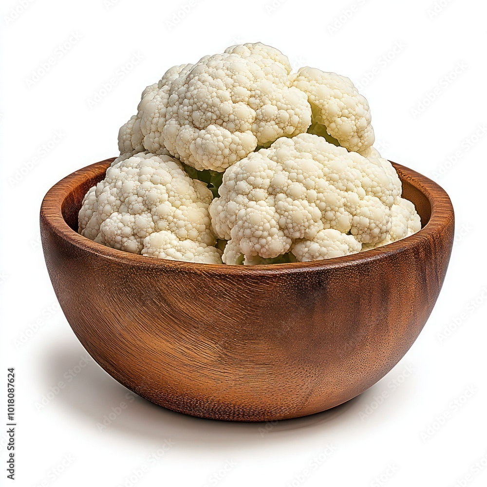 Freshly Cut White Cauliflower in Wooden Bowl - Top and Side View, Isolated Vegetable Bundle Freshly Cut White Cauliflower in Wooden Bowl - Top and Side View, Isolated Vegetable Bundle
