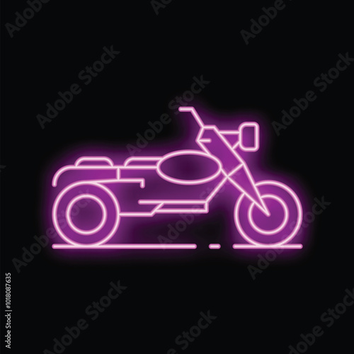 Neon sign illuminating a pink motorcycle with sidecar on a road against a black background