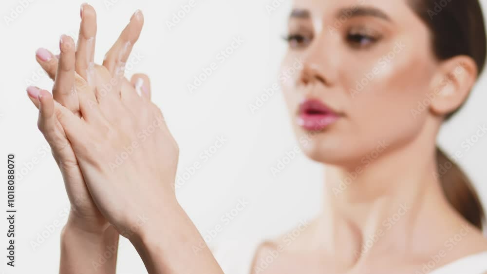Hand care. A young woman with well-groomed skin gently moisturizes her hands. This moment highlights the importance of daily care and beauty for soft, healthy hands. Hand care. A young woman with well-groomed skin gently moisturizes her hands. This moment highlights the importance of daily care and beauty for soft, healthy hands.