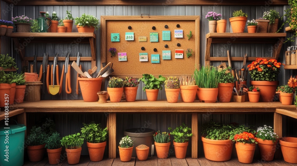 A charming 70s garden shed filled with neatly organized gardening tools and terra cotta pots. Brightly colored seed packets are pinned to a corkboard A charming 70s garden shed filled with neatly organized gardening tools and terra cotta pots. Brightly colored seed packets are pinned to a corkboard