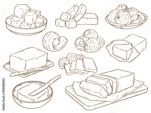 Collection of outline drawing dairy product butter vector food illustration