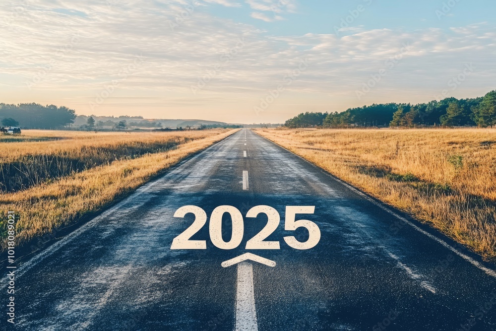 custom made wallpaper toronto digitalRoad to 2025 with an empty road with written 2025 and an arrow pointing towards the horizon to represent the future and positivity and success of the new year 2025. MZ