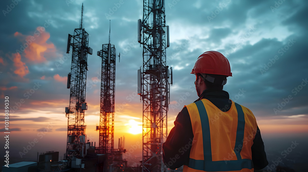 Worker observing communication towers at sunset. Worker observing communication towers at sunset.