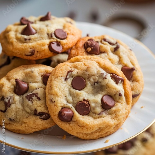 Closeup of homemade chocolate chip Cookies on a plate, with soft golden edges and melty chocolate chips