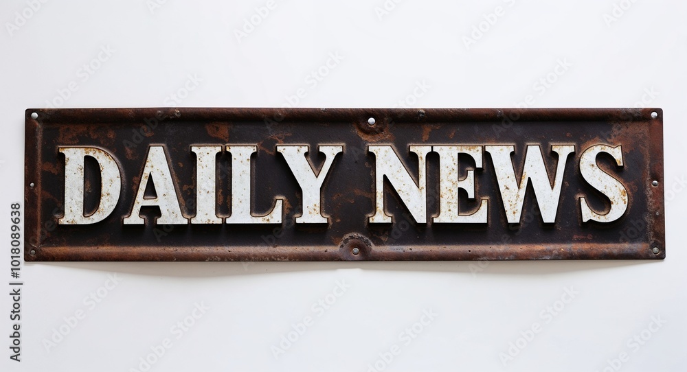 Obraz premium daily news lettering on antique rugged rusty metal sign on plain white background