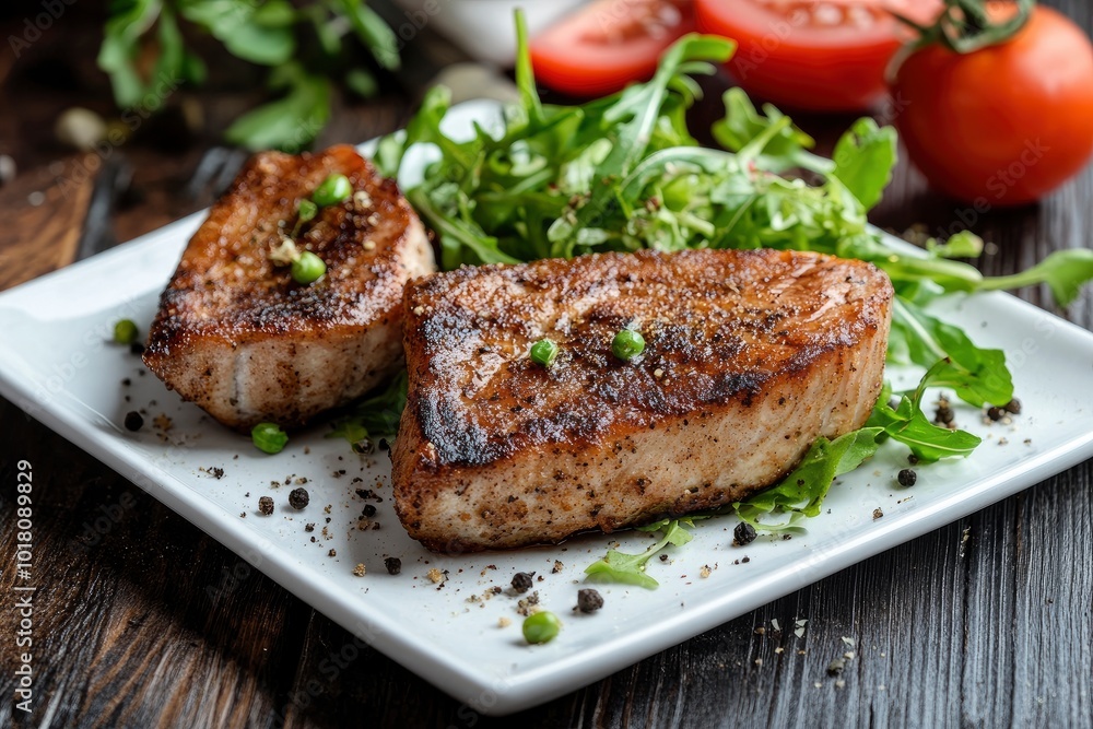 Close Up Still Life of Two Fried Tuna Steaks on Square White Plate with Seasoning and Fresh Green Salad with Tomato on Painted Wooden Table - generative ai Close Up Still Life of Two Fried Tuna Steaks on Square White Plate with Seasoning and Fresh Green Salad with Tomato on Painted Wooden Table - generative ai