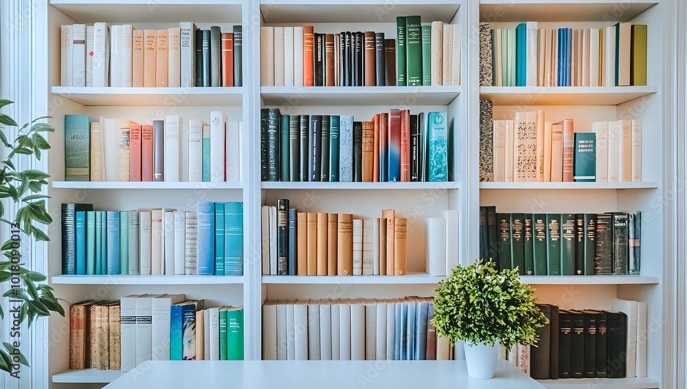 A bookshelf full of books in a library, with a plant in the foreground. A bookshelf full of books in a library, with a plant in the foreground.