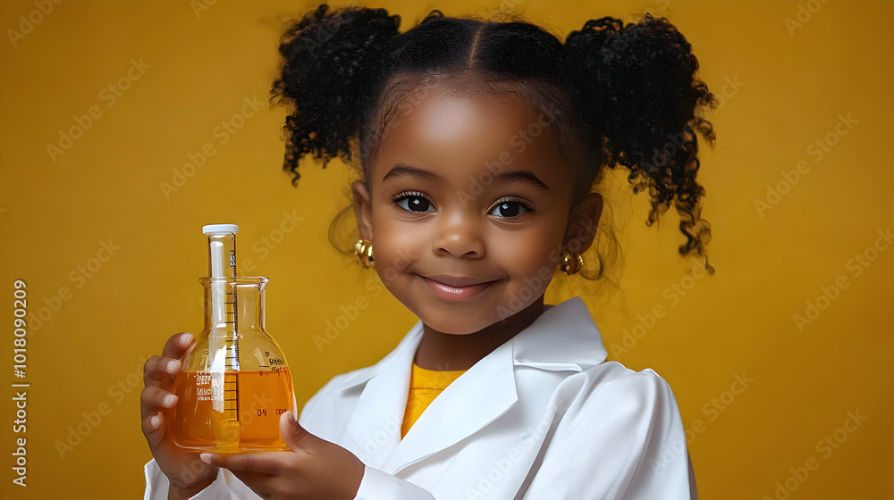 Young girl in a lab coat holding a flask with yellow liquid. Young girl in a lab coat holding a flask with yellow liquid.