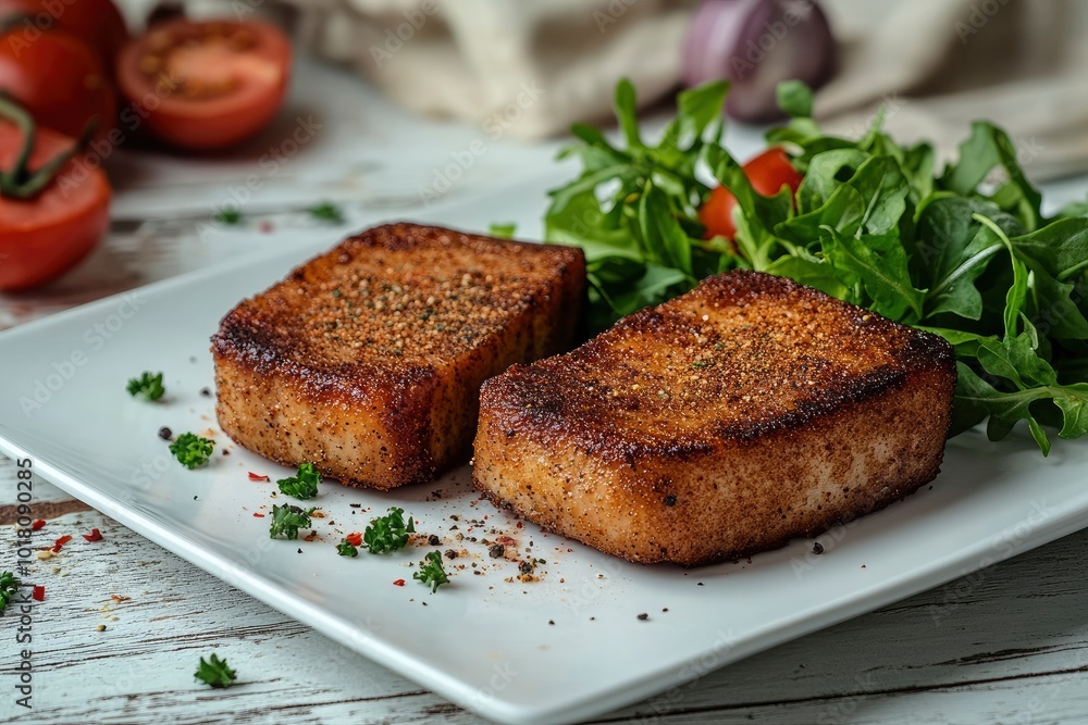 Close Up Still Life of Two Fried Tuna Steaks on Square White Plate with Seasoning and Fresh Green Salad with Tomato on Painted Wooden Table - generative ai Close Up Still Life of Two Fried Tuna Steaks on Square White Plate with Seasoning and Fresh Green Salad with Tomato on Painted Wooden Table - generative ai