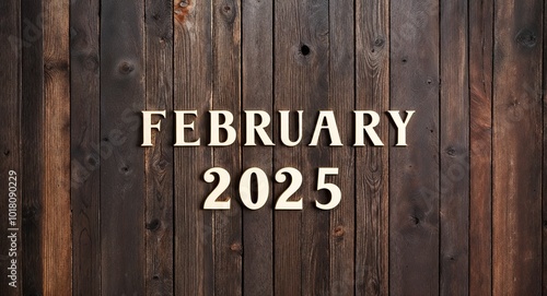 february 2025 lettering on wooden wall planks background