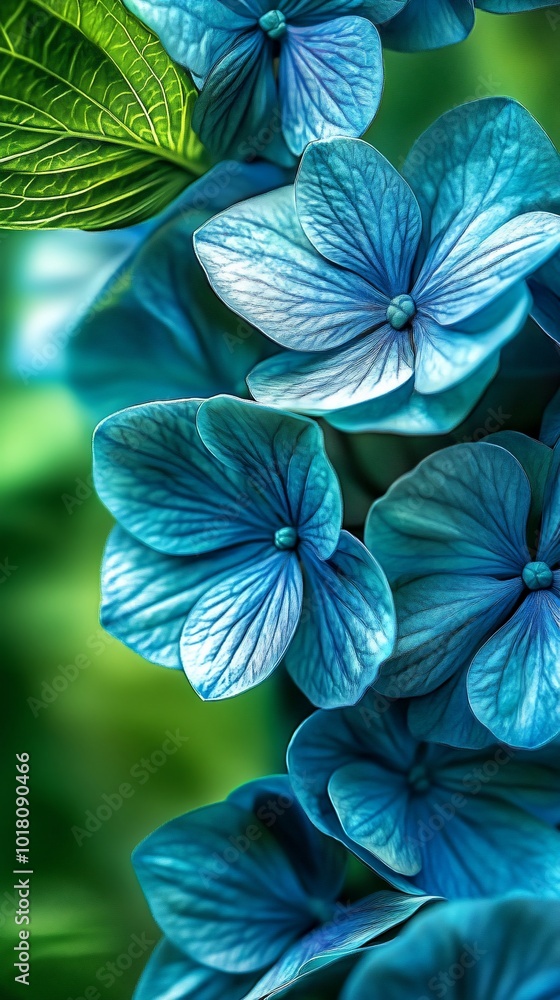 Close-up of blue hydrangea flowers with green leaves in the background. Close-up of blue hydrangea flowers with green leaves in the background.