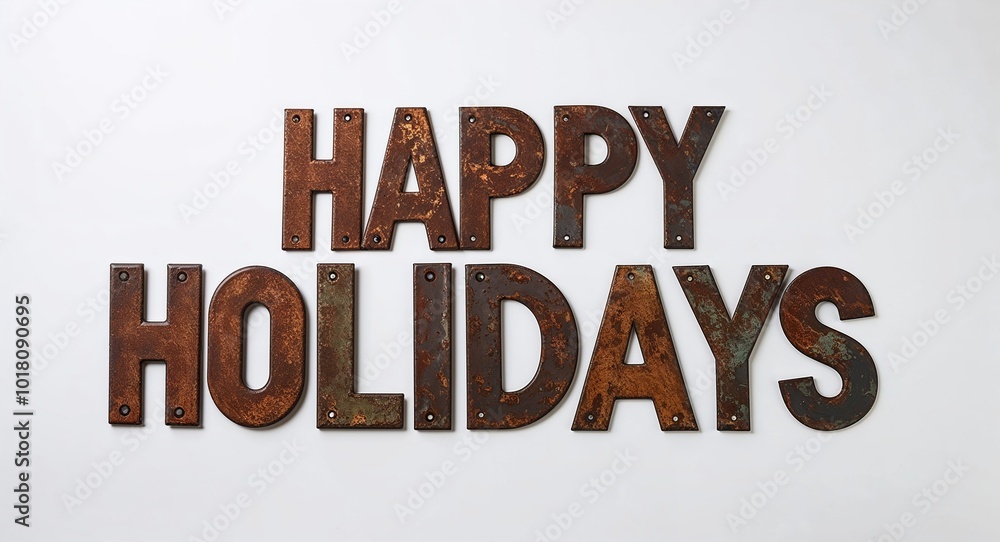 happy holidays lettering on antique rugged rusty metal sign on plain white background happy holidays lettering on antique rugged rusty metal sign on plain white background