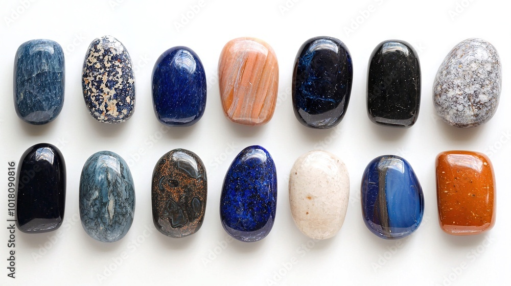 A collection of multicolored stones resting atop a white table, positioned beside one another and atop a white background A collection of multicolored stones resting atop a white table, positioned beside one another and atop a white background