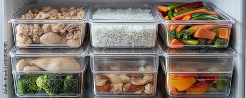 Organized refrigerator with fresh ingredients in clear containers, showcasing healthy meal prep options for efficient cooking.