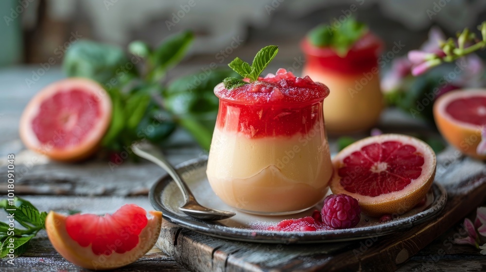 Refreshing Panna Cotta with Raspberry and Grapefruit Garnish. Ruby Red Grapefruit Panna Cotta Refreshing Panna Cotta with Raspberry and Grapefruit Garnish. Ruby Red Grapefruit Panna Cotta