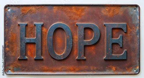 hope lettering on antique rugged rusty metal sign on plain white background photo