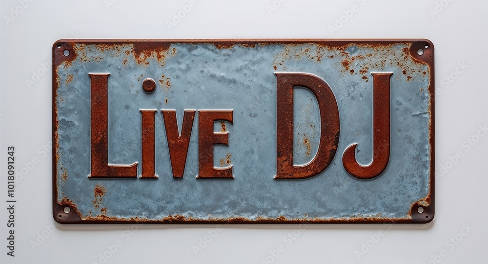 Live dj lettering on antique rugged rusty metal sign on plain white background Live dj lettering on antique rugged rusty metal sign on plain white background