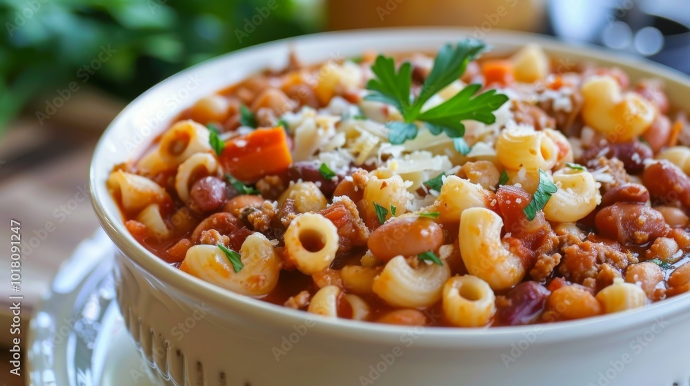 Hearty Macaroni Beef Soup with Vegetables and Parsley Garnish. Slow Cooker Pasta e Fagioli Hearty Macaroni Beef Soup with Vegetables and Parsley Garnish. Slow Cooker Pasta e Fagioli