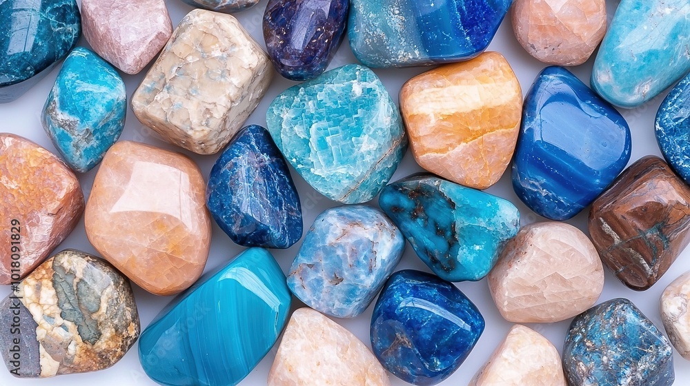 A collection of colorful stones atop a white background, featuring blue and brown rocks side by side A collection of colorful stones atop a white background, featuring blue and brown rocks side by side