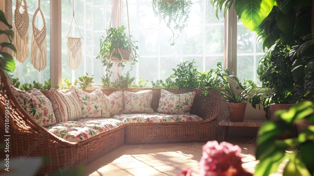 A cozy 70s-inspired sunroom with wicker furniture and macram?(C) plant hangers. Sunlight pours in from large windows A cozy 70s-inspired sunroom with wicker furniture and macram?(C) plant hangers. Sunlight pours in from large windows