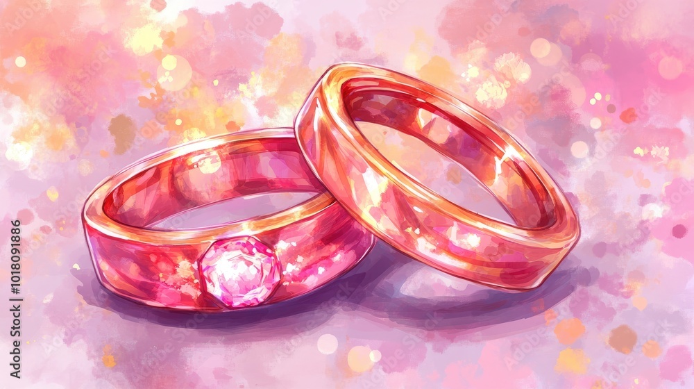 Watercolor-style wedding rings with subtle gold tones, set against a dreamy pastel background with flowing brushstrokes. Watercolor-style wedding rings with subtle gold tones, set against a dreamy pastel background with flowing brushstrokes.