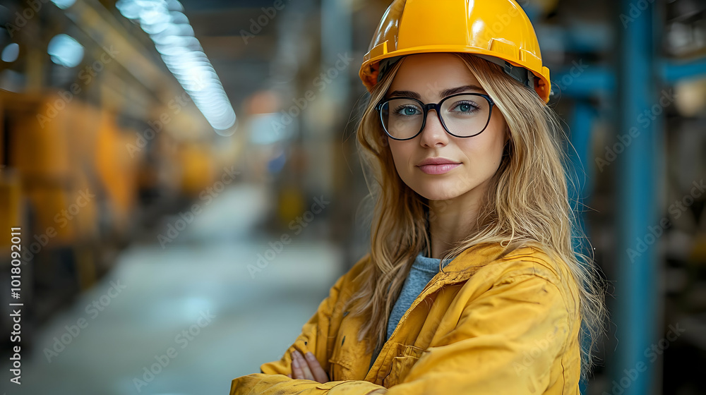 Young woman in safety gear poses confidently in an industrial setting. Young woman in safety gear poses confidently in an industrial setting.