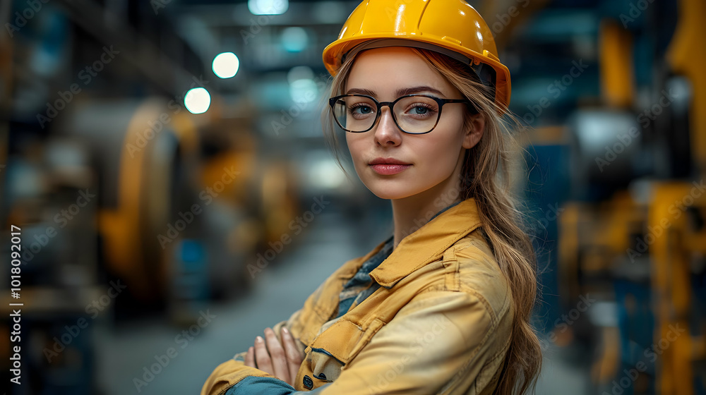 Young woman in safety gear poses confidently in an industrial setting. Young woman in safety gear poses confidently in an industrial setting.
