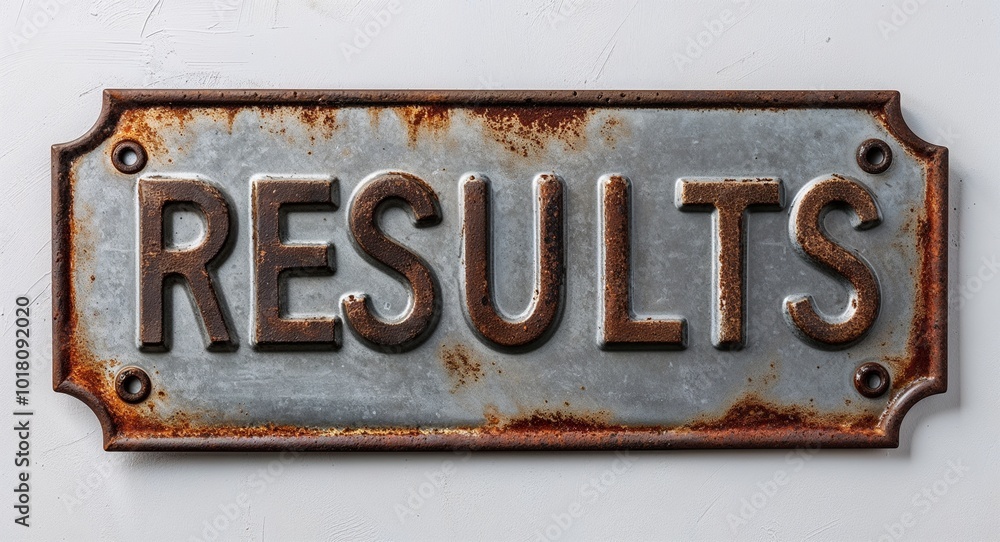 results lettering on antique rugged rusty metal sign on plain white background