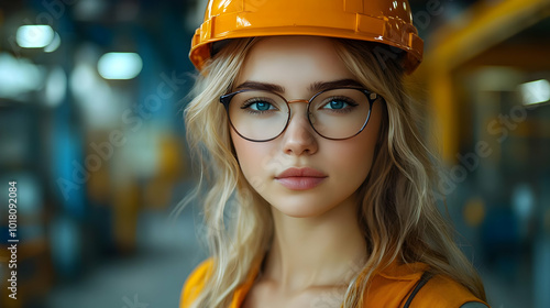 Young woman in safety gear, glasses, and hard hat in industrial setting.