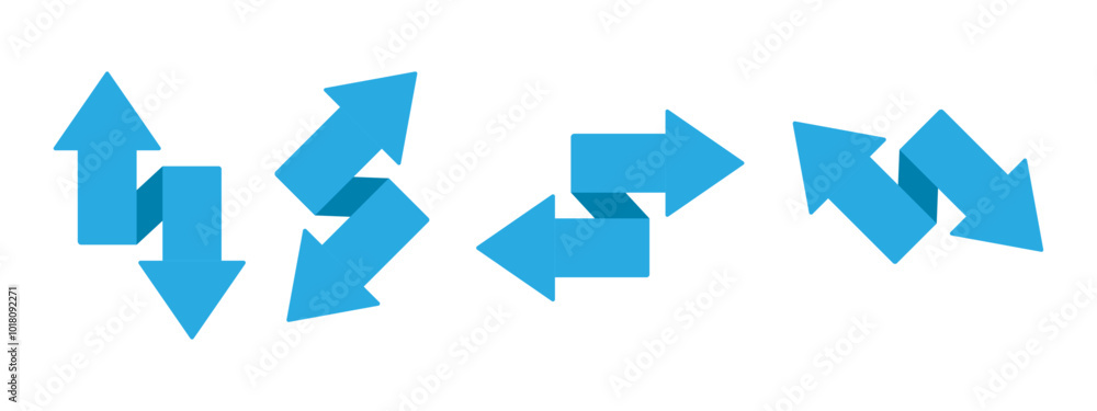 Set of blue opposite arrows pointing in various directions. Double arrows icon collection. Set of blue opposite arrows pointing in various directions. Double arrows icon collection.