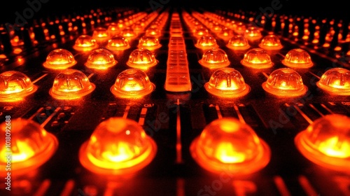 Close-up of a circuit board with glowing red LEDs.