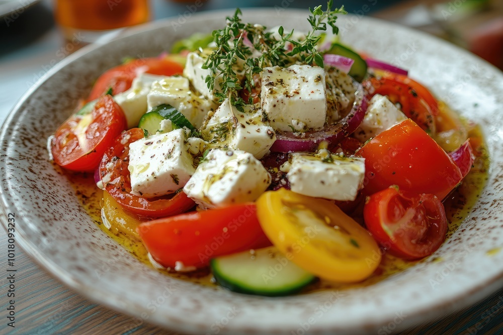 Fresh greek salad with feta cheese, tomatoes, and herbs on a plate Fresh greek salad with feta cheese, tomatoes, and herbs on a plate