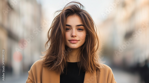 young woman with long, wavy hair and warm smile stands outdoors in urban setting, wearing brown coat and black top.