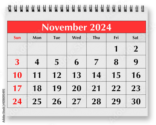 Page of the annual monthly calendar - November 2024