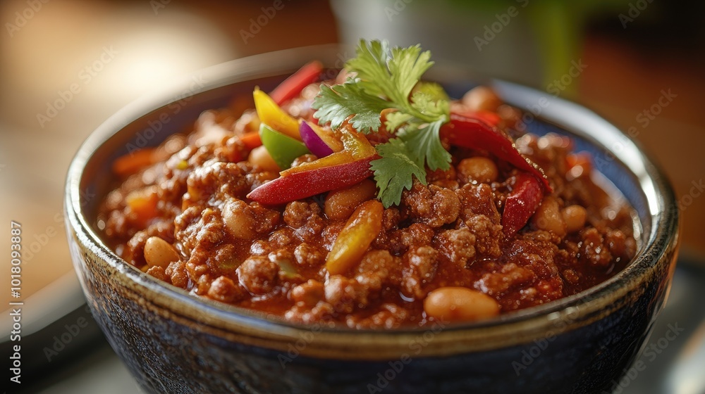 Steaming bowl of chili con carne garnished with cilantro and peppers Steaming bowl of chili con carne garnished with cilantro and peppers