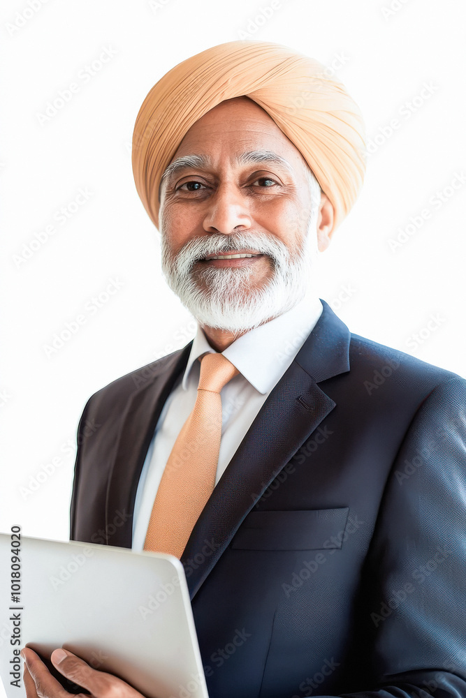 mature indian businessman holding laptop on white background mature indian businessman holding laptop on white background