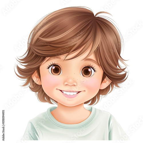 A cheerful cartoon child with brown hair and bright eyes, perfect for children's projects and educational materials.