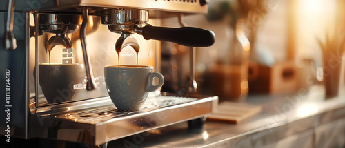 Close-up of coffee brewing at coffee machine on the cozy modern kitchen. Pouring espresso. Coffee shop, caffe illustration. Generative ai 