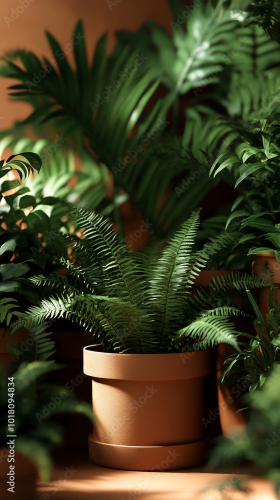 Lush green fern plant in a brown pot, surrounded by other foliage, set against a brown background. Lush green fern plant in a brown pot, surrounded by other foliage, set against a brown background.