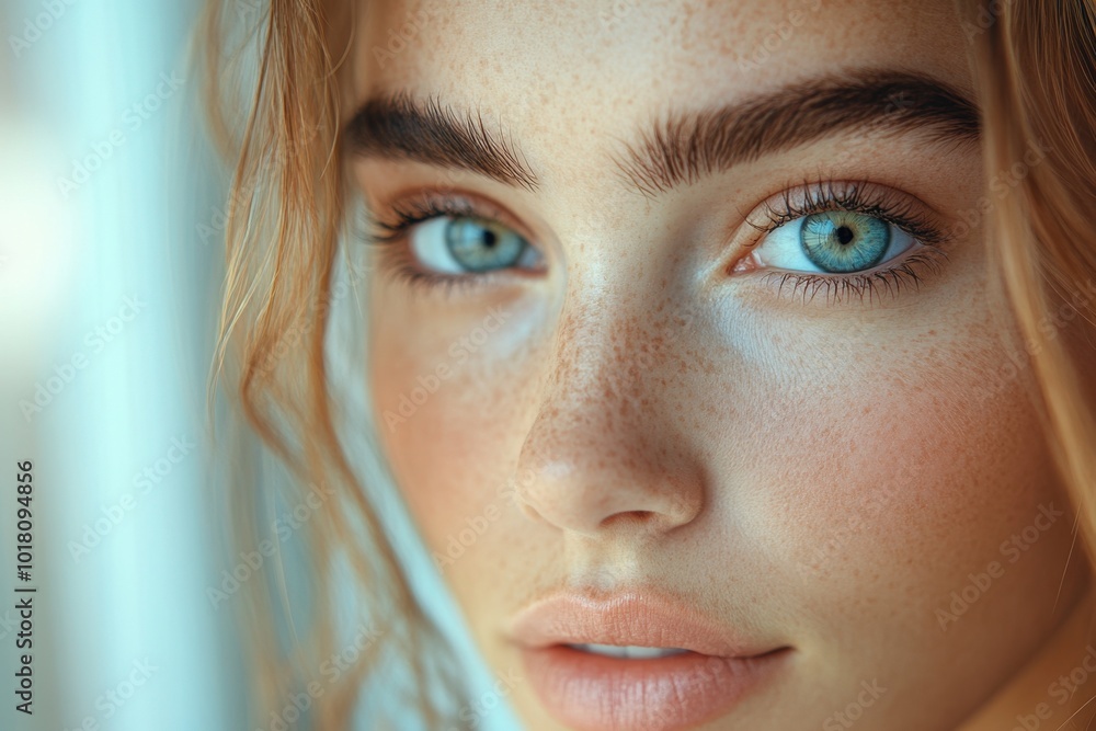Close-up Portrait of a Young Woman with Blue Eyes and Freckles Close-up Portrait of a Young Woman with Blue Eyes and Freckles