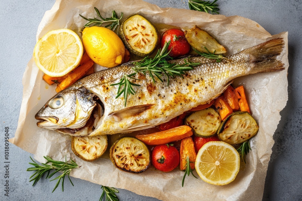 Dorado fish lying on baking paper with vegetables is ready to eat Dorado fish lying on baking paper with vegetables is ready to eat