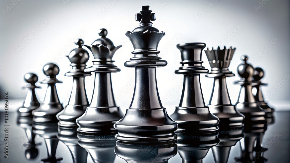 A collection of black chess pieces displayed on a pristine white background, captured in macro photography, illustrating the elegance and strategy A collection of black chess pieces displayed on a pristine white background, captured in macro photography, illustrating the elegance and strategy
