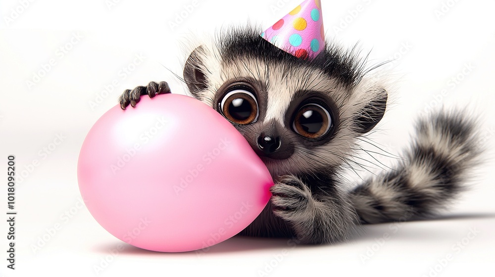 A small animal with a pink balloon and a party hat on its head A small animal with a pink balloon and a party hat on its head