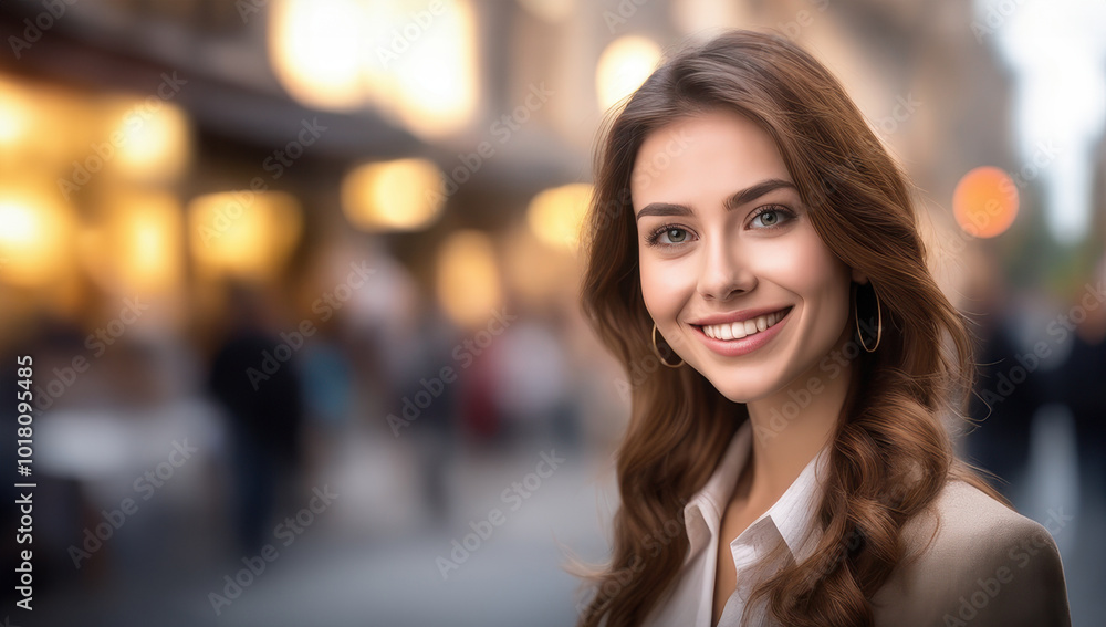 portrait of a smiling businesswoman on bokeh street background portrait of a smiling businesswoman on bokeh street background