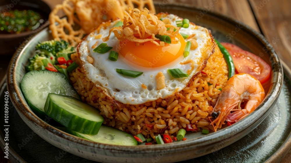 Fried Rice with a Fried Egg, Shrimp, and Vegetables Fried Rice with a Fried Egg, Shrimp, and Vegetables