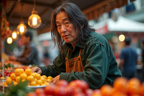 Man with long hair, wearing a green apron and standing behind a fruit stand, appears to be a vendor at a market. photo