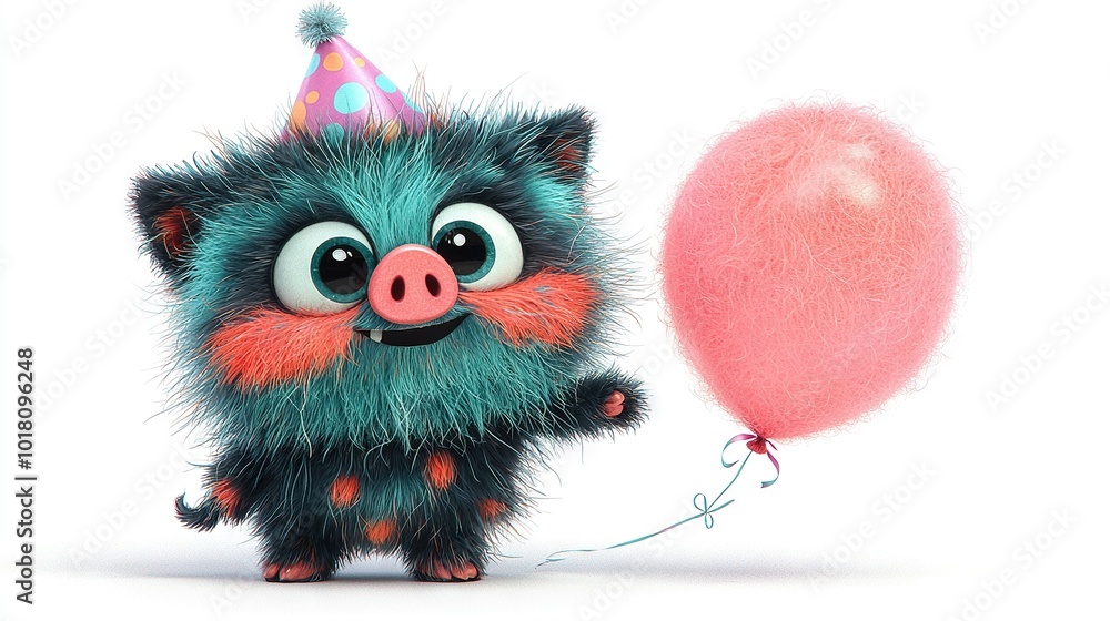 A stuffed animal wearing a party hat holds a pink balloon on a string attached to its ear, as well as another string tied to its other ear A stuffed animal wearing a party hat holds a pink balloon on a string attached to its ear, as well as another string tied to its other ear