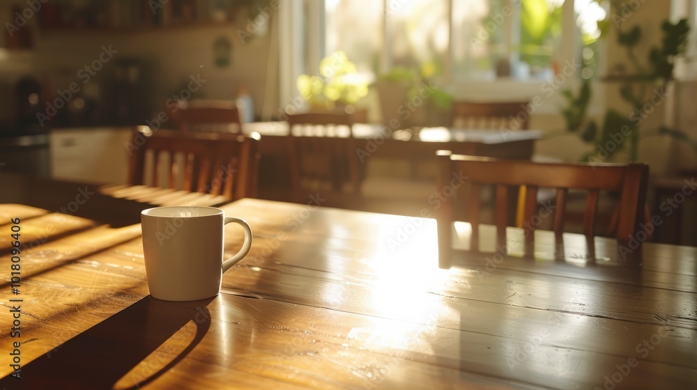 A steaming mug of coffee on the kitchen table, bathed in sunlight streaming through windows A steaming mug of coffee on the kitchen table, bathed in sunlight streaming through windows